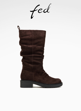 fed复古堆堆靴春季新款女靴绒面时装靴粗跟中筒靴女D1114-ZFA267