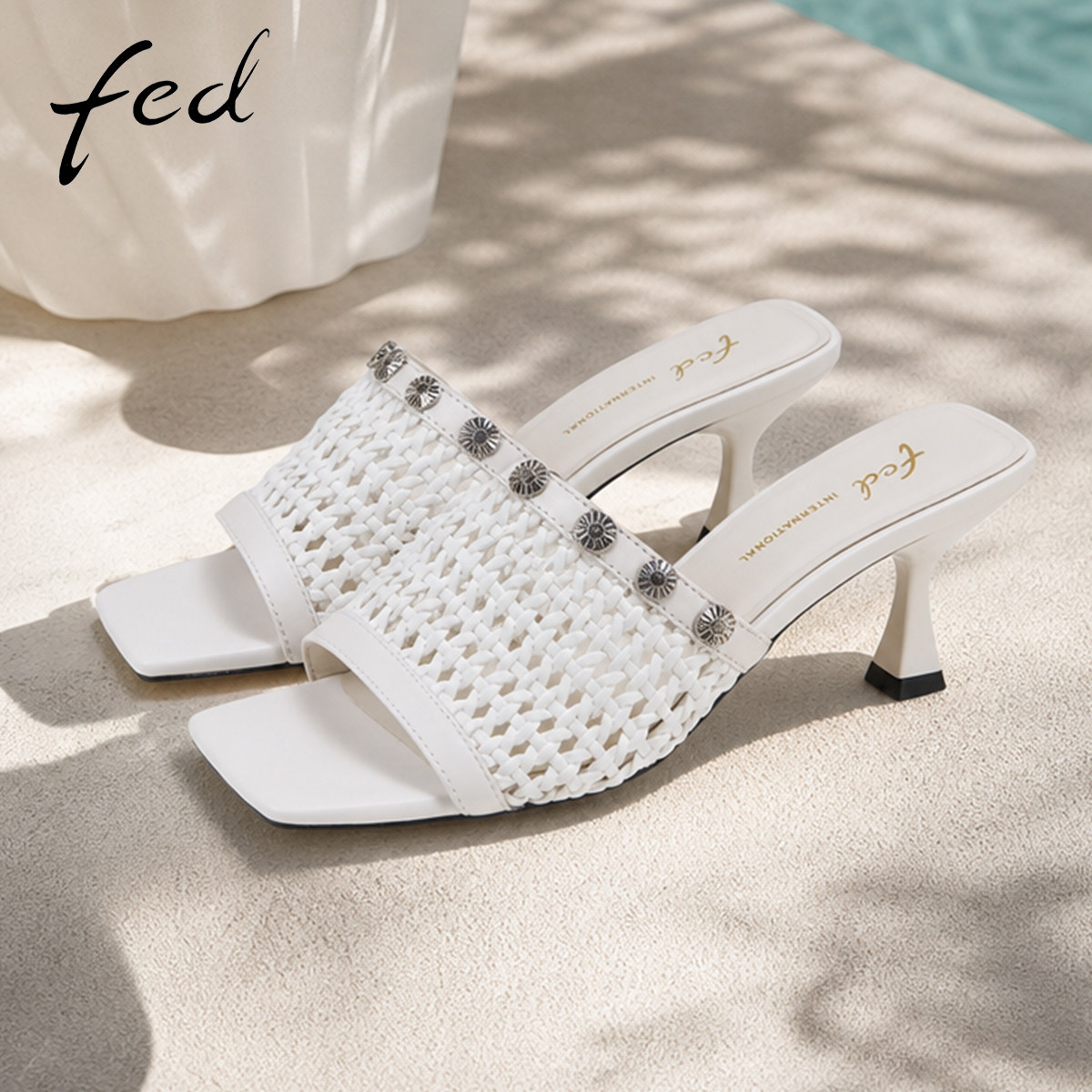 fed夏季新款细跟编织一字拖鞋女