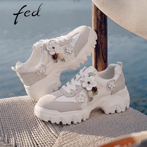 fed白色绒面厚底增高老爹鞋女