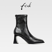fed法式 后拉链气质方头高跟小短靴 真皮粗跟弹力瘦瘦靴女秋冬新款