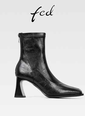 fed法式真皮粗跟弹力瘦瘦靴女秋冬新款后拉链气质方头高跟小短靴