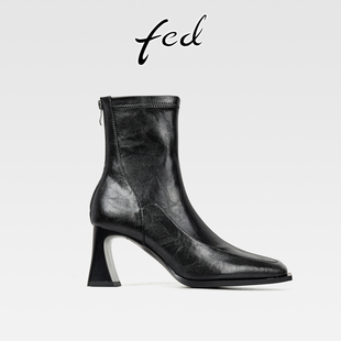 fed法式 后拉链气质方头高跟小短靴 真皮粗跟弹力瘦瘦靴女秋冬新款