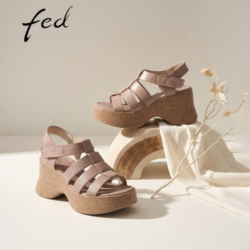 fed真皮坡跟凉鞋女款夏季新款