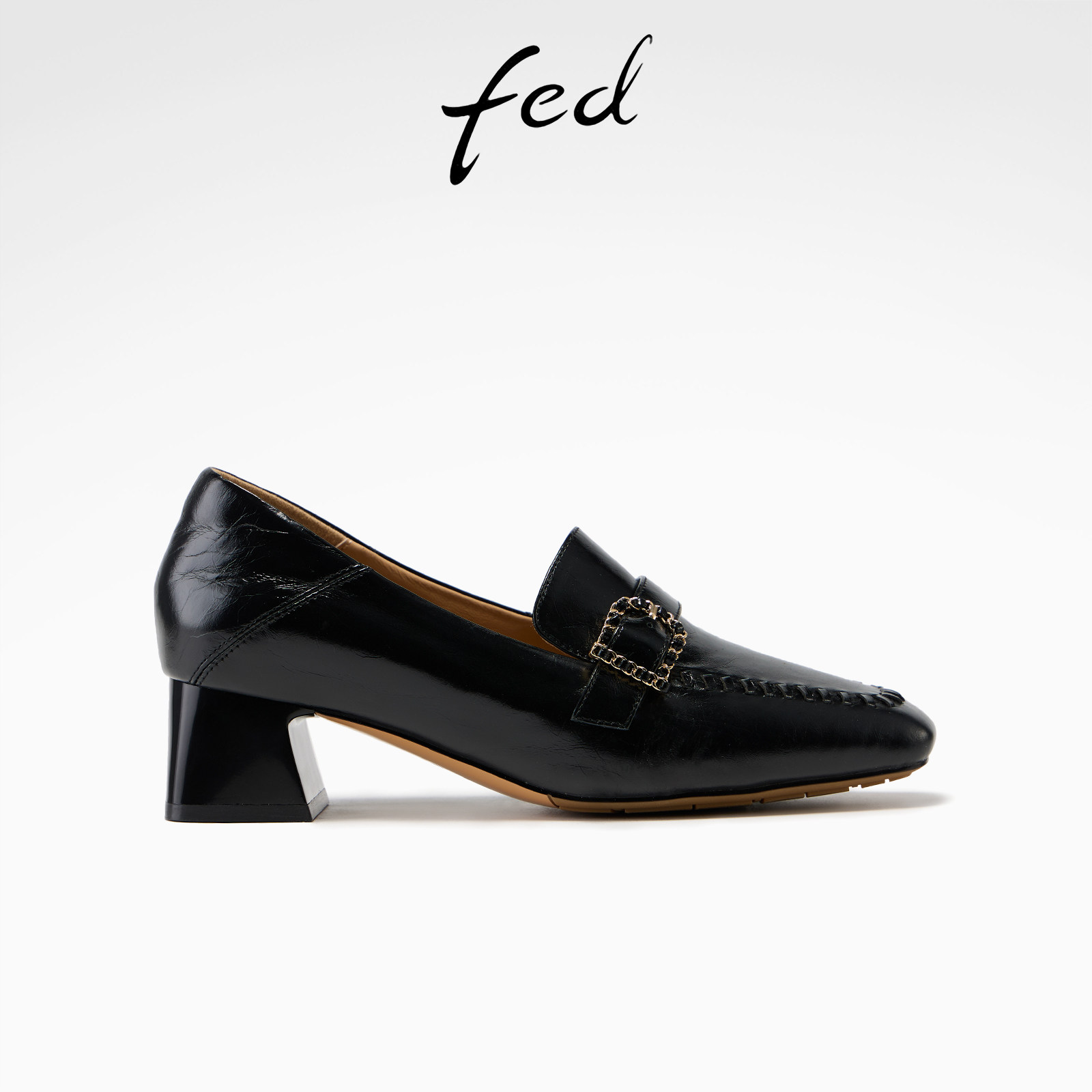 fed黑链编花乐福鞋春季新款女鞋方头深口单鞋粗跟高跟鞋女款ZC095,女鞋,深口单鞋,淘宝优惠券,粉丝福利购,淘宝优惠卷