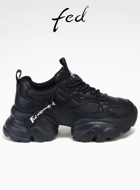 fed厚底休闲鞋春季新款女鞋黑色老爹鞋皮面运动鞋女款D1021-ZC015