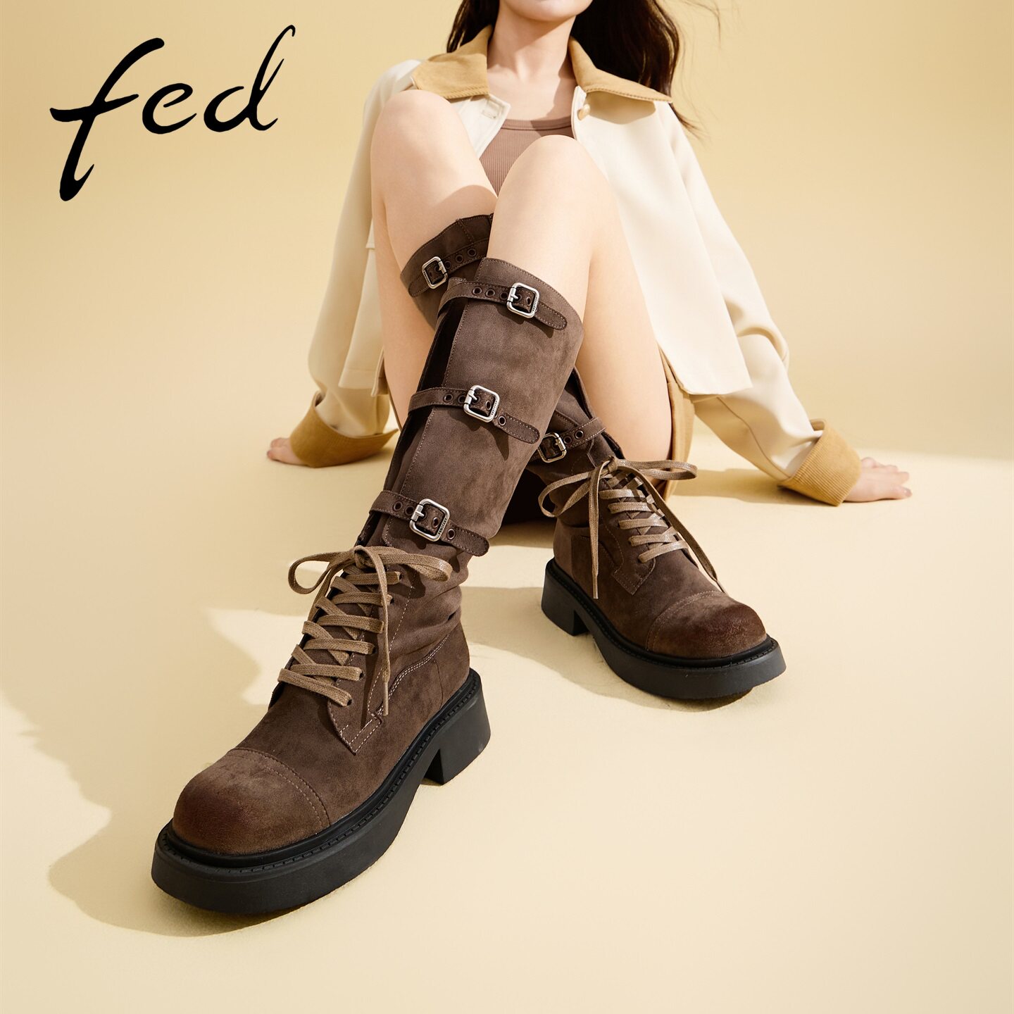fed深棕磨砂镂空中筒靴厚底女