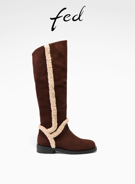 fed复古长靴冬季新款女靴高筒时装靴绒面堆堆靴女款S1025-YAB085