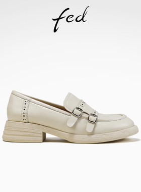 fed粗跟单鞋春季新款女鞋布莱克乐福鞋白色小皮鞋女S0112-ZCA778