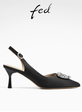 fed黑色尖头后空单鞋夏季新款女鞋通勤真皮高跟凉鞋女D0420-ZC360