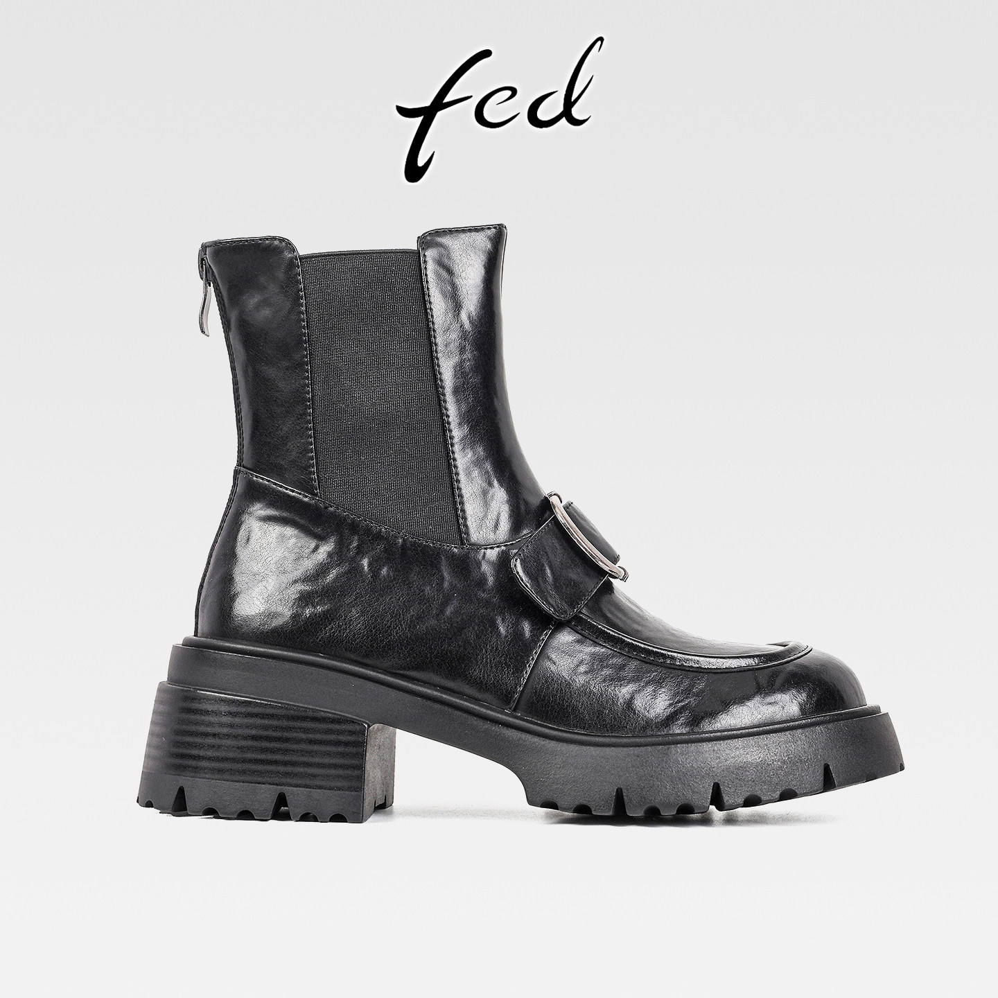 fed复古真皮粗跟厚底皮带扣切尔西短靴女秋冬新款中跟圆头马丁靴