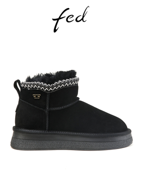 fed厚底雪地靴冬季新款女靴加厚棉鞋黑色保暖短靴女款D1024-JA007