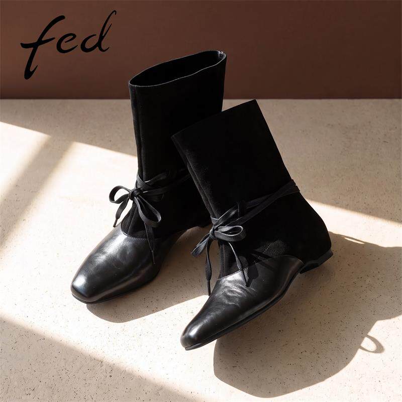 fed真皮拼接绑带瘦瘦短靴