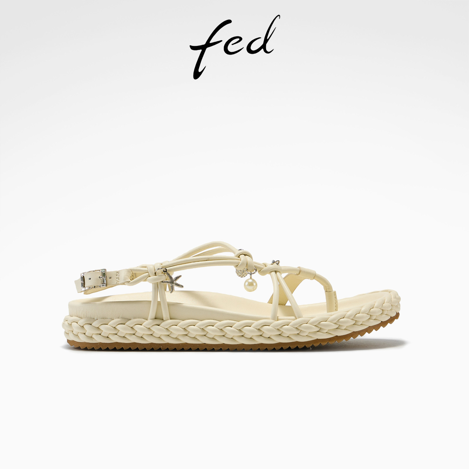 fed白色凉鞋夏季新款女鞋亚麻晨光平底鞋休闲沙滩鞋女款YAB209