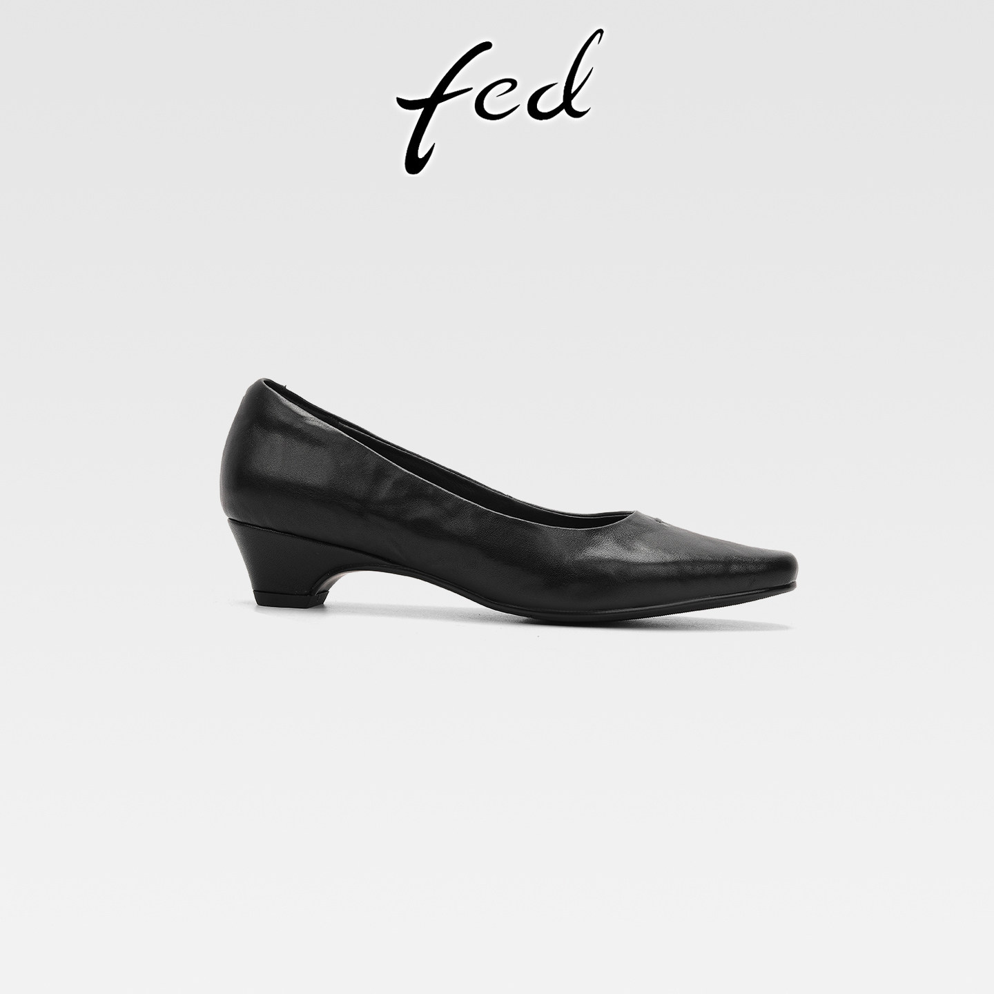 fed法式简约风真皮粗跟通勤小皮鞋女一脚蹬中跟方头浅口黑色单鞋