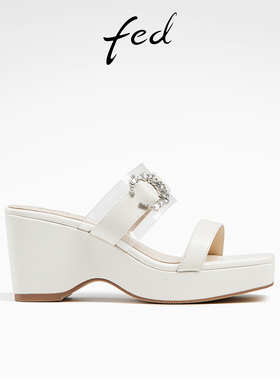 fed法式厚底凉鞋夏季新款女鞋水钻增高坡跟凉拖鞋女D0401-YAB728