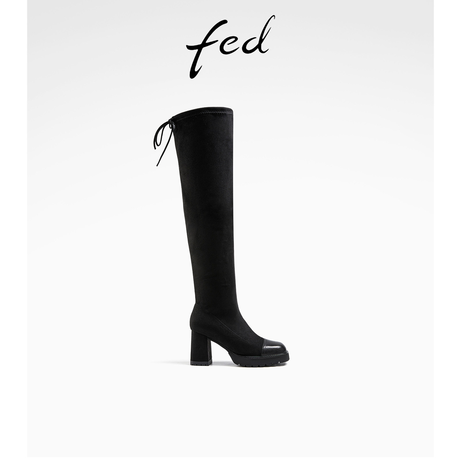 fed拼皮过膝高跟长筒靴女弹力