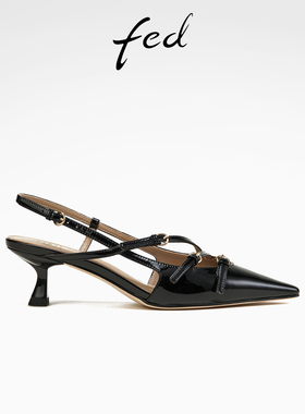 fed黑色包头凉鞋春季新款女鞋气质晚宴鞋通勤高跟鞋女S0218-YA586
