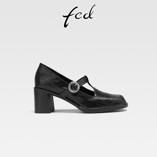 fed真皮T字扣玛丽珍粗跟单鞋
