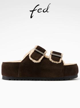 fed勃肯拖鞋冬季新款女鞋厚底毛毛拖黑色加绒棉拖女款S1022-ZC291