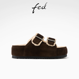 冬季 S1022 新款 厚底毛毛拖黑色加绒棉拖女款 ZC291 女鞋 fed勃肯拖鞋