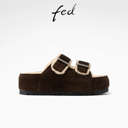 fed勃肯拖鞋冬季新款女鞋厚底毛毛拖黑色加绒棉拖女款S1022-ZC291
