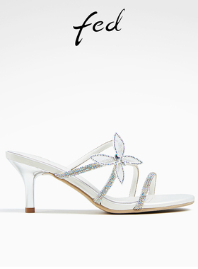 fed法式高跟凉鞋夏季新款女鞋蝴蝶半拖白色凉拖鞋女D0610-ZCA595