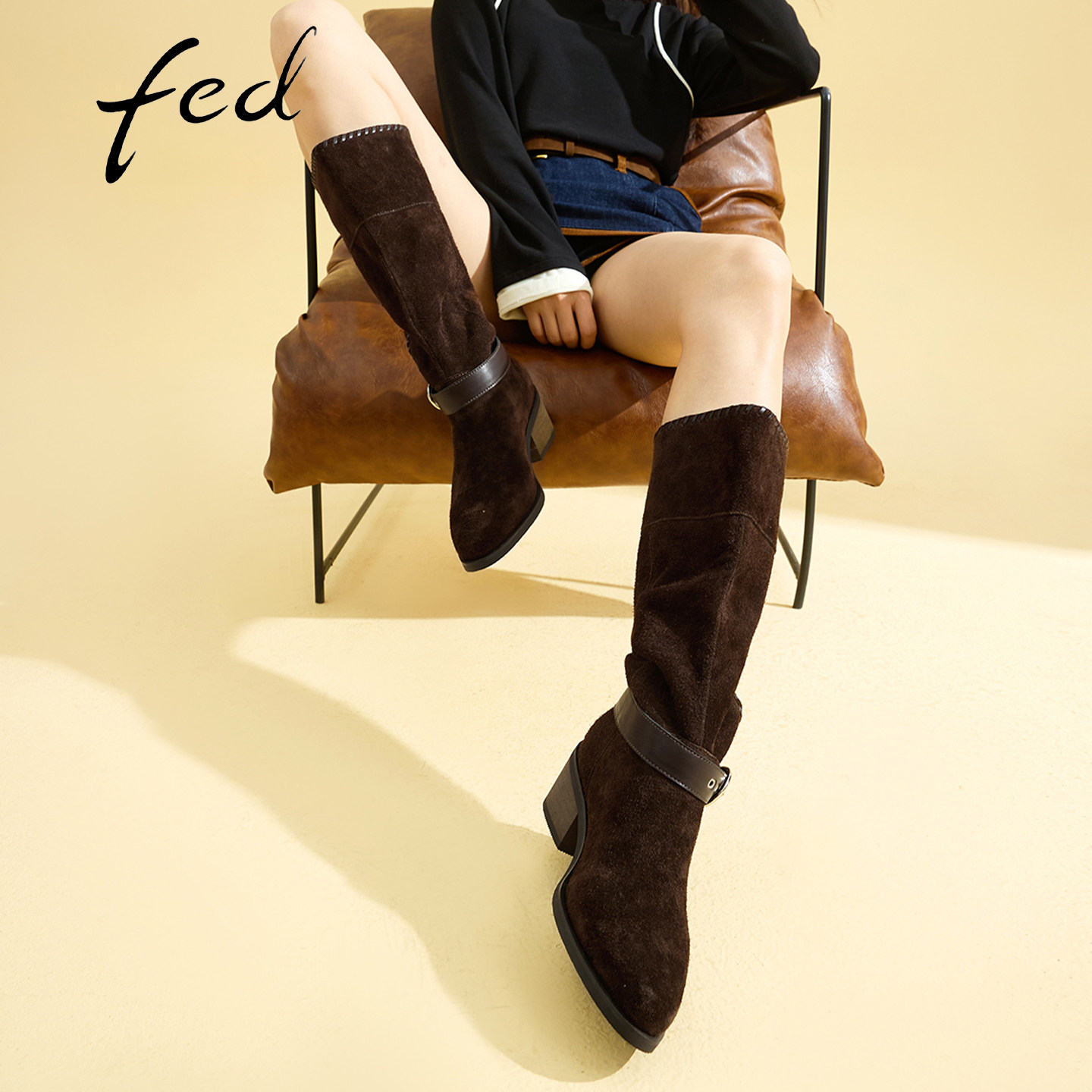 fed女款真皮增高西部长筒靴