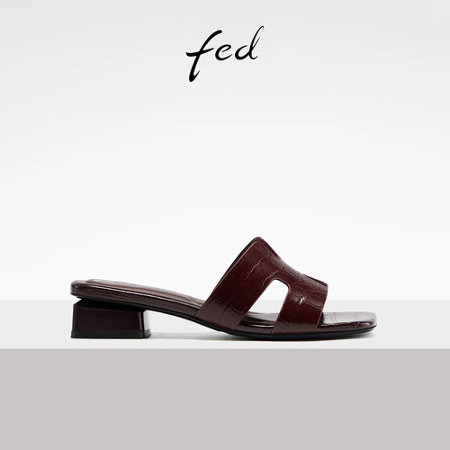 fed酒红一字拖夏季真皮凉拖鞋女