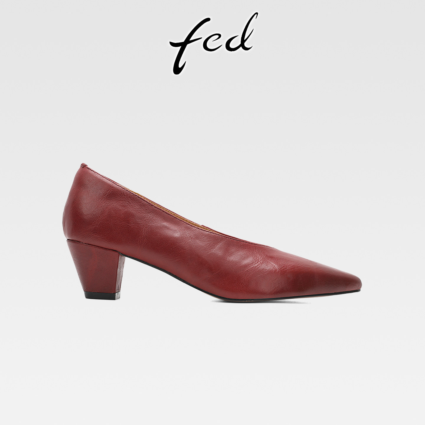 fed法式复古真皮粗跟通勤单鞋女一脚蹬气质尖头浅口不累脚高跟鞋