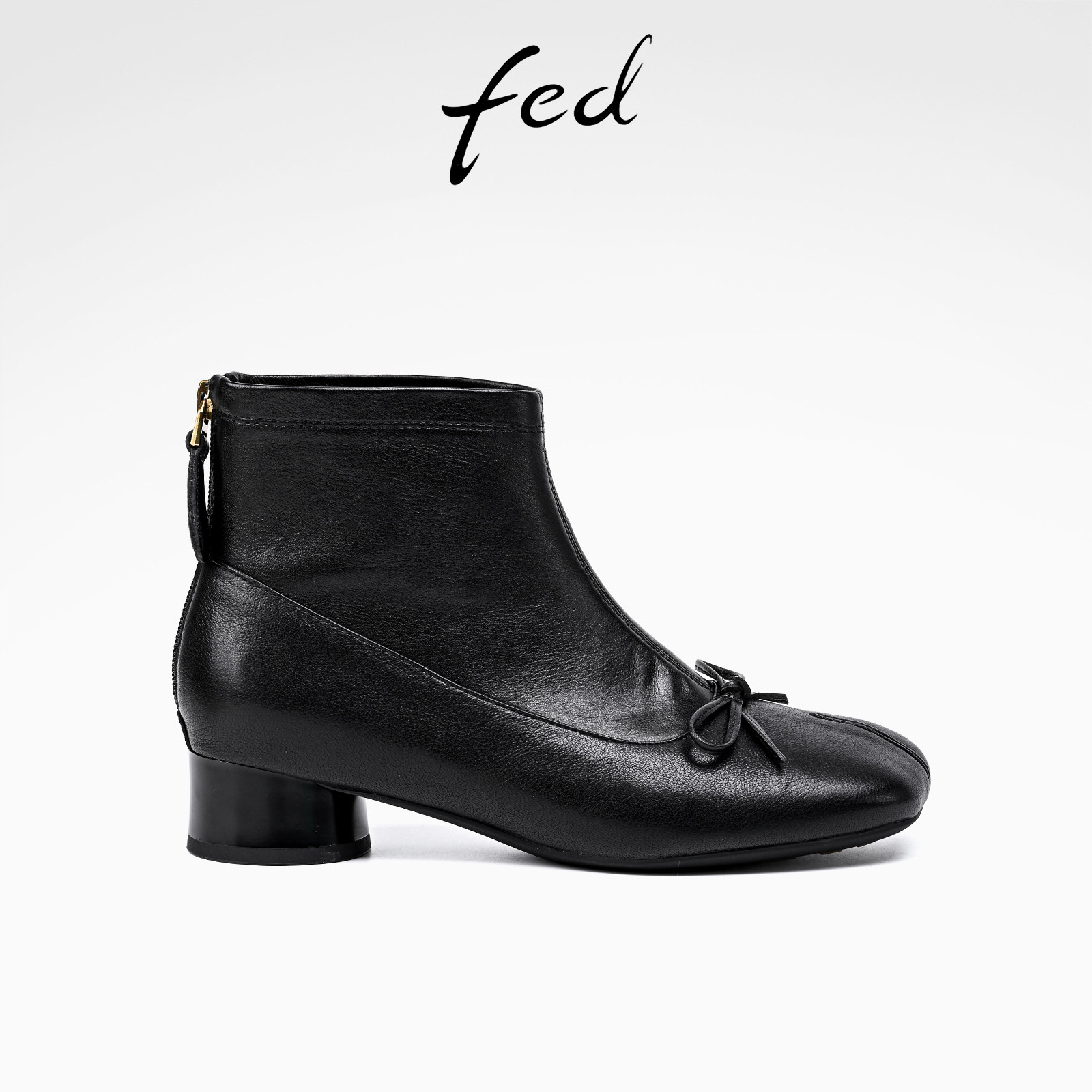 fed真皮粗跟切尔西短靴女显瘦