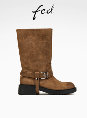 fed复古中筒靴春季新款女靴西部牛仔靴圆头时装靴女D1116-ZFB262