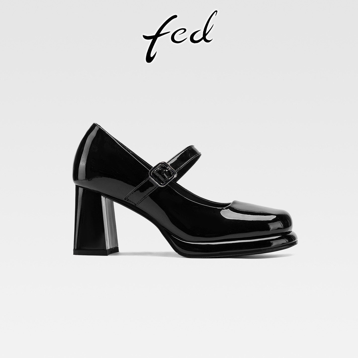 fed黑色漆皮粗跟浅口单鞋女春夏款高跟防水台一字式扣带玛丽珍鞋