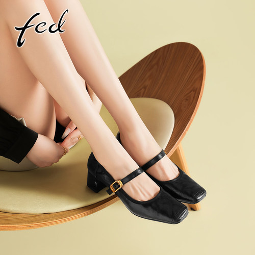 fed一字扣粗跟不累脚玛丽珍鞋女