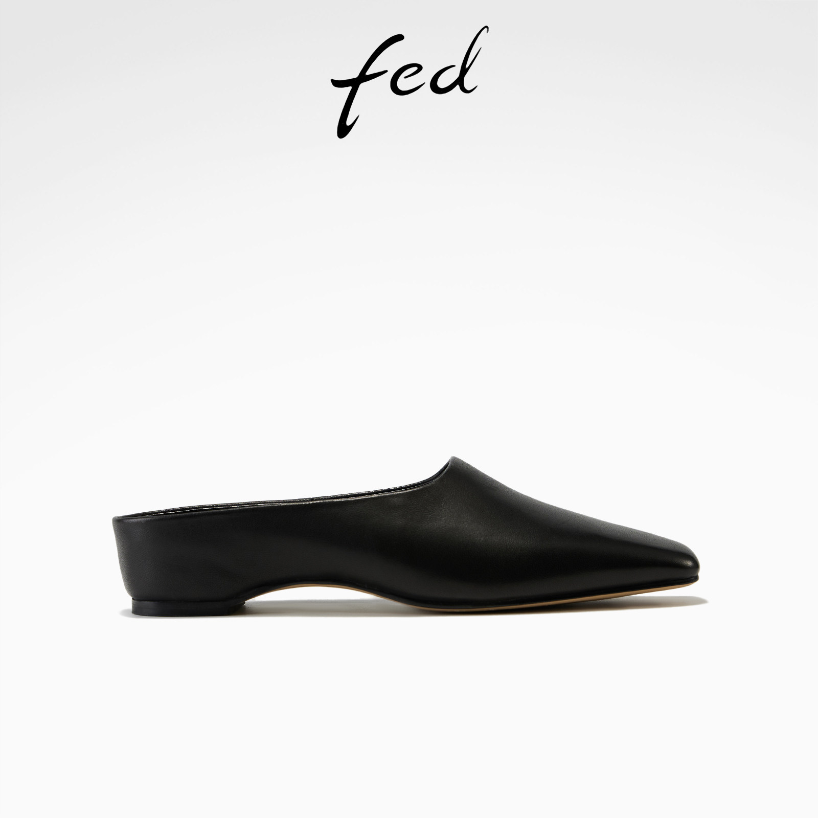 fed黑色方头低坡跟包头半拖女