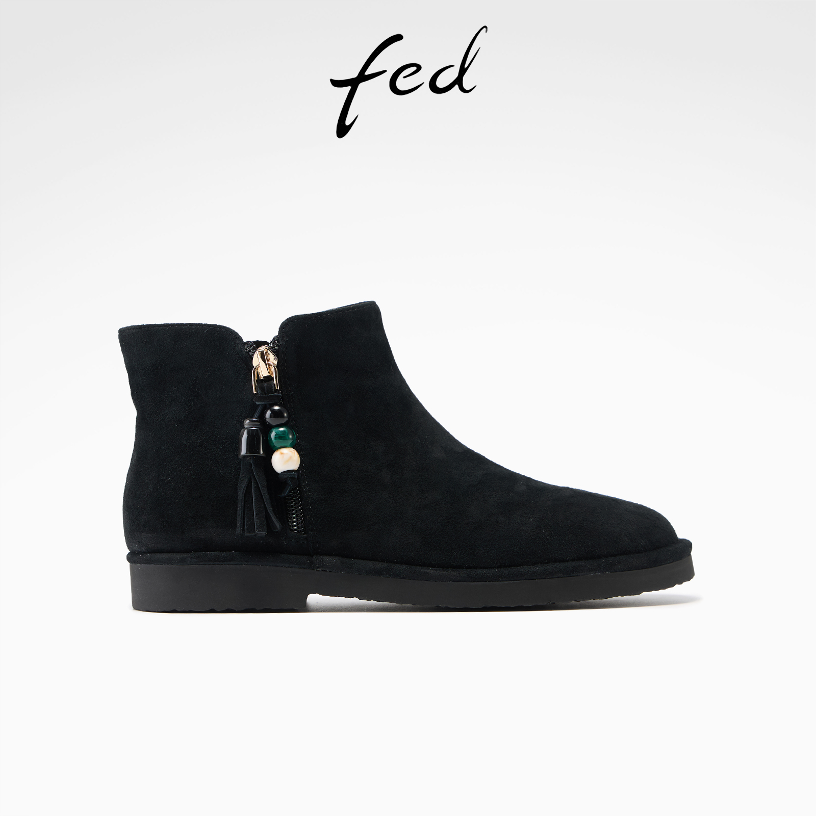 fed黑色短靴女冬季新款女靴串珠时装靴绒面马丁靴女款S1015-YA288