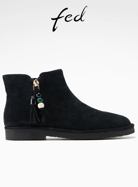 fed黑色短靴女冬季新款女靴串珠时装靴绒面马丁靴女款S1015-YA288