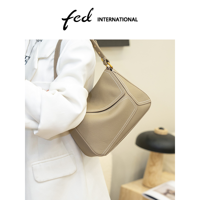 FED头层牛皮手提包大容量托特包