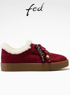 fed红笺暖意德训鞋冬季新款女鞋保暖厚底鞋串珠休闲鞋女款YAB031