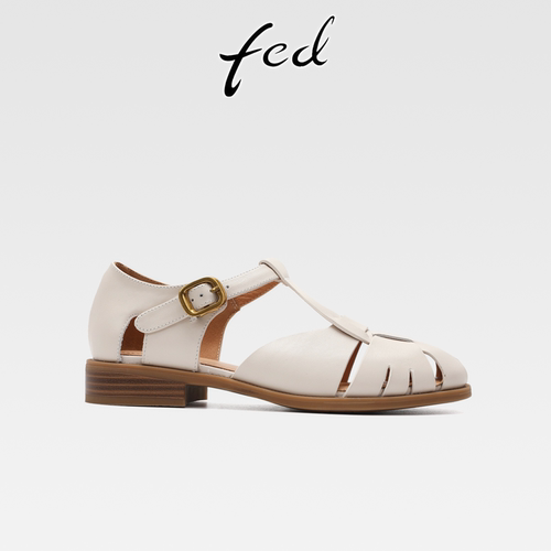 fed真皮粗跟编织镂空包头凉鞋女