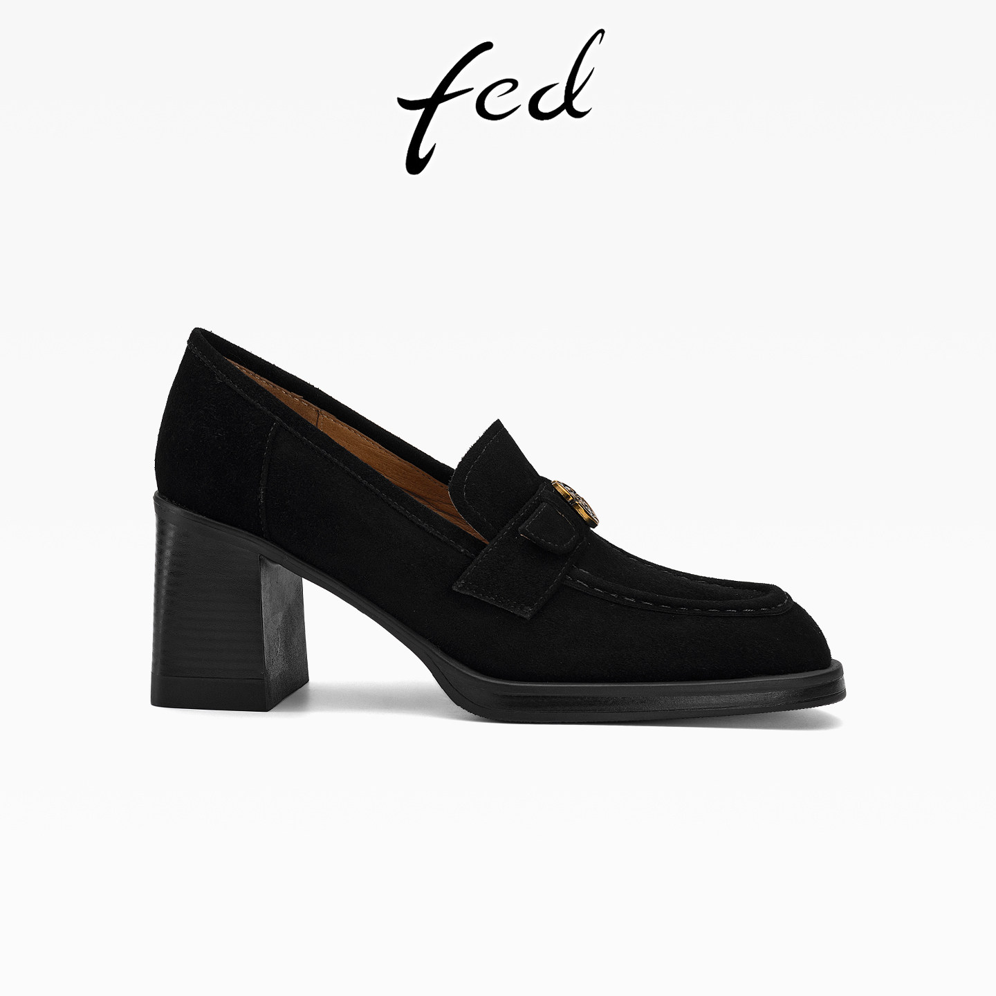 fed黑色复古羊反绒粗跟深口通勤单鞋女新款一脚蹬圆头高跟乐福鞋