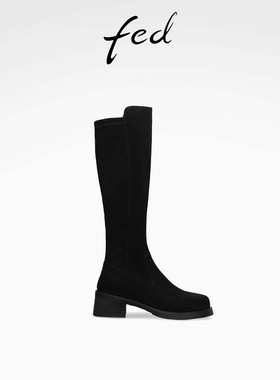 fed粗跟长靴冬季新款女靴高筒瘦瘦靴弹力时装靴女款S0930-DD0103