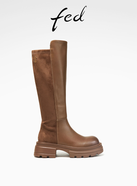 fed粗跟骑士靴冬季新款女靴卡其色长筒靴时装靴女款D1004-ZCA860