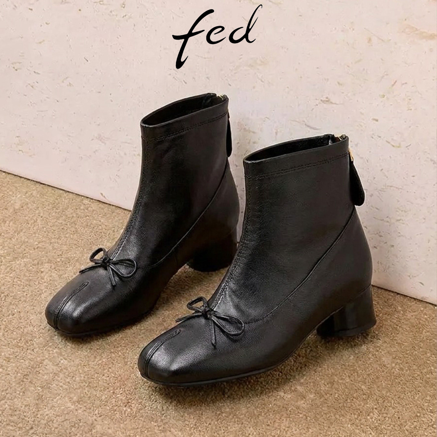 Fed羊皮粗跟短靴弹力黑色瘦瘦靴