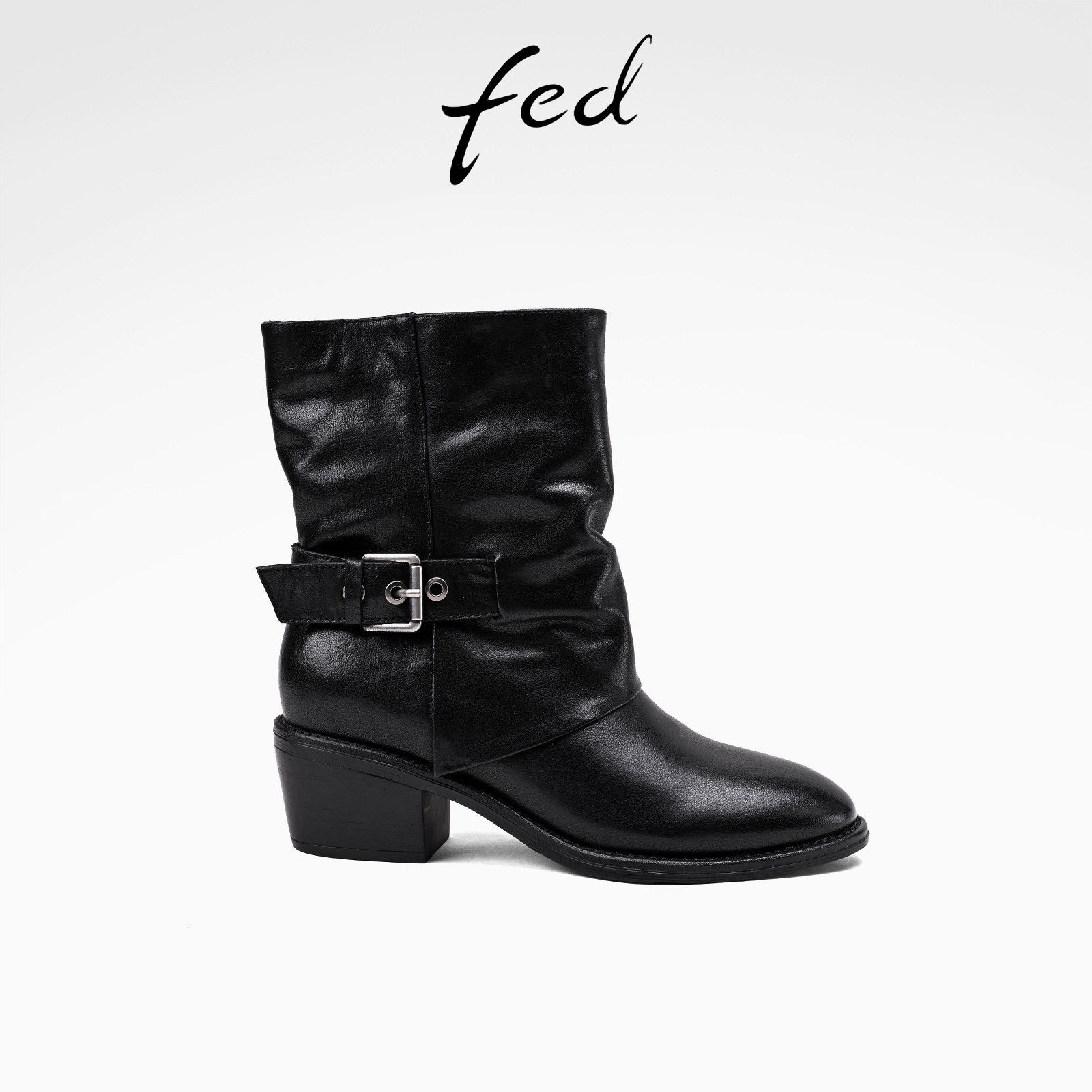 fed真皮西部短靴女粗跟