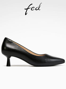 fed职业通勤鞋夏季新款女鞋黑色高跟鞋真皮浅口单鞋女S0609-YL631