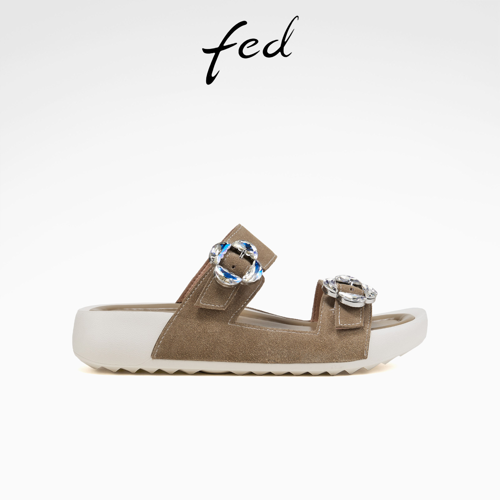 fed卡其色磨砂皮厚底凉拖女