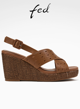 fed复古坡跟凉鞋女夏季新款女鞋厚底镂空真皮凉鞋女款S0505-YA265