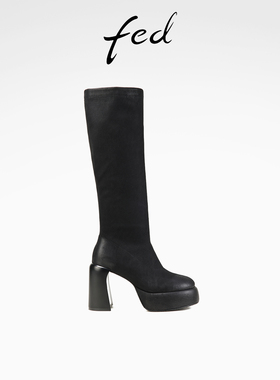 fed瘦瘦弹力靴春季新款女靴黑色长筒靴粗跟时装靴女款D1121-ZF270