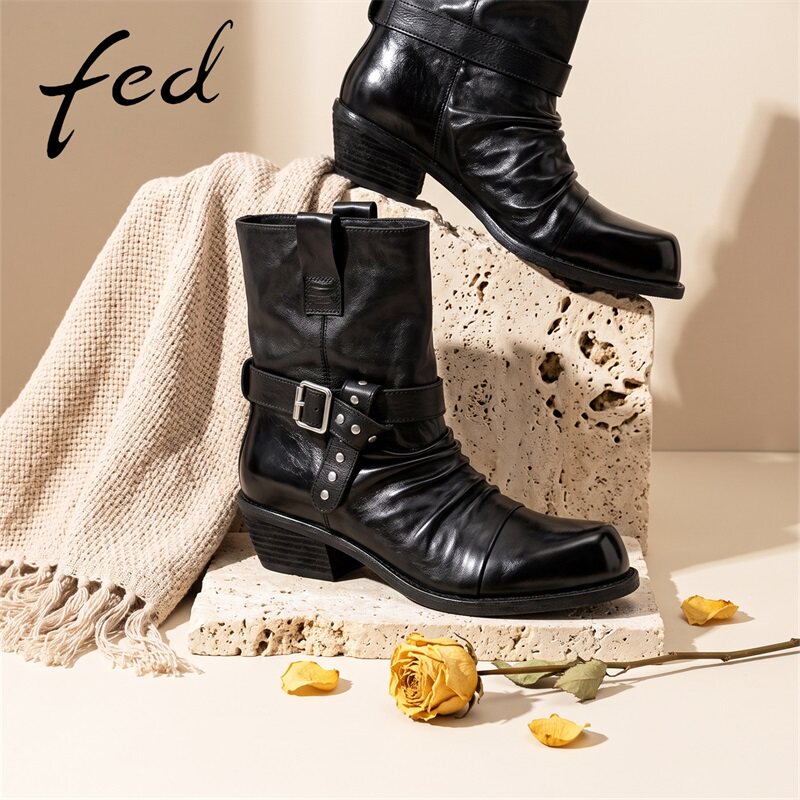 fed真皮女款西部增高粗跟短靴