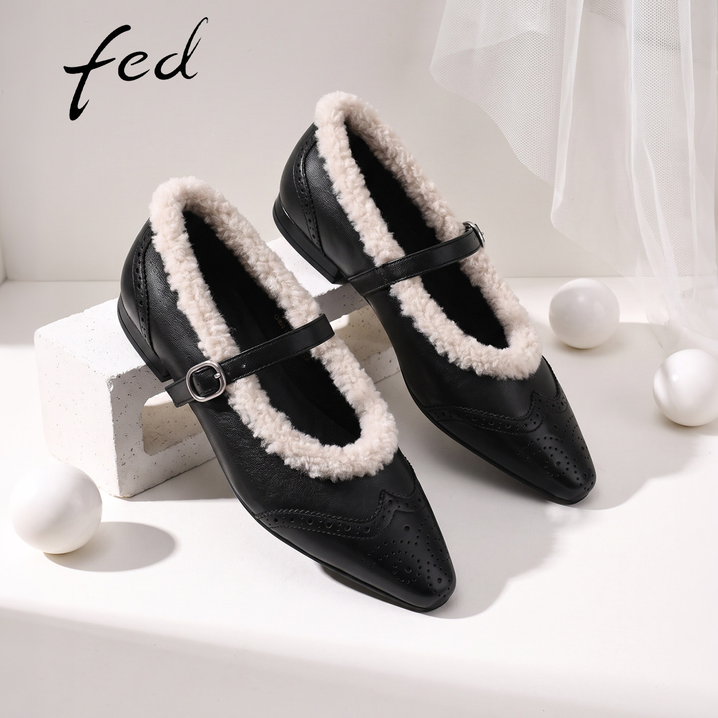 fed真皮粗跟布洛克浅口单鞋